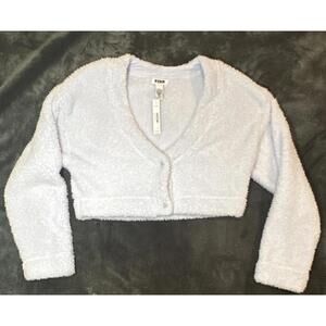 PINK Victoria's Secret Light Blue Fleece Cropped Button Cardigan V-Neck L Women
